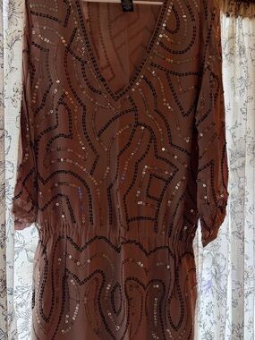 Moda International Taupe Sequin V‑Neck Midi Dress